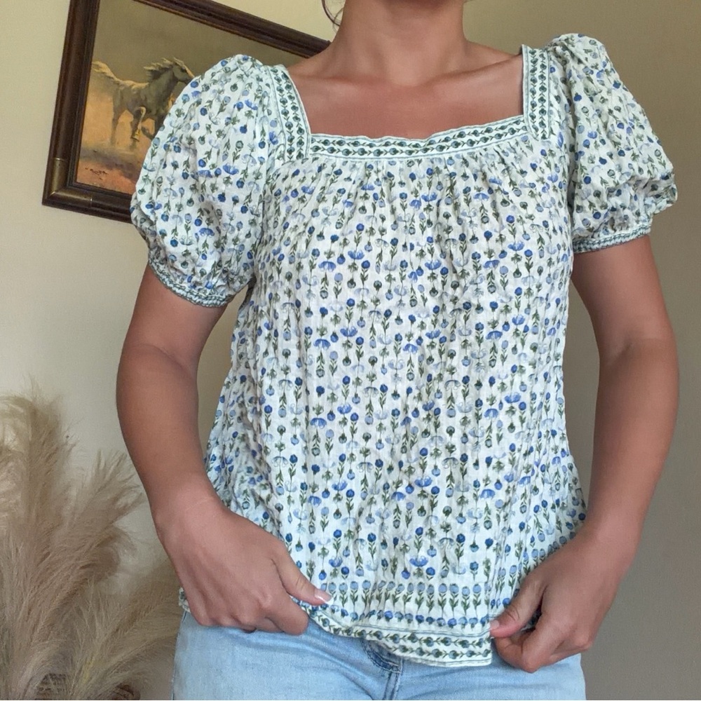 Women's Floral Puff-Sleeve Square Neck Top White